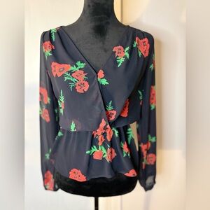 Express Black Floral Wrap Blouse with Red and Green
